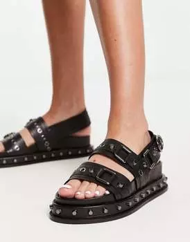 Черные кожаные сандалии на плоской подошве с шипами ASOS DESIGN Focused