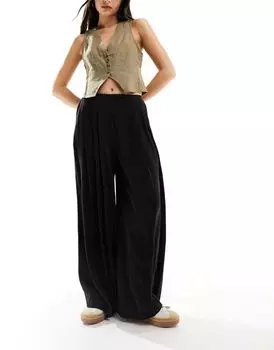 Черные льняные плиссированные широкие брюки-палаццо ASOS DESIGN