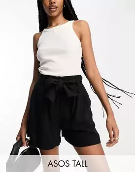 Черные льняные шорты с завязкой на талии ASOS DESIGN Tall ASOS