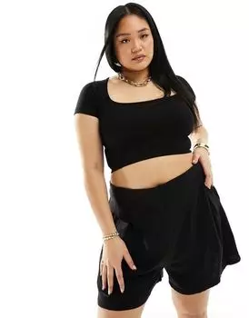 Черные льняные шорты с завышенной талией и стежками ASOS Curve