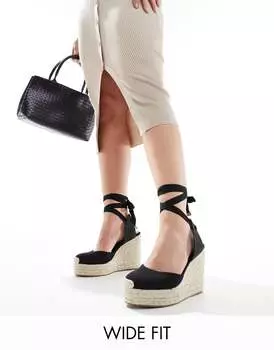 Черные льняные туфли на танкетке с закрытым носком ASOS DESIGN Wide Fit Tyra