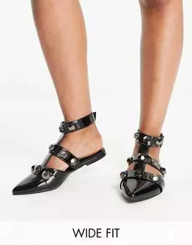 Черные лакированные балетки широкого кроя Lorina с заклепками ASOS DESIGN