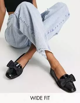 Черные лакированные лоферы на плоской подошве с бантом ASOS DESIGN Wide Fit Mentor