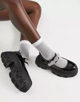Черные лакированные массивные брюки mary jane с цветочной отделкой ASOS DESIGN Mistify