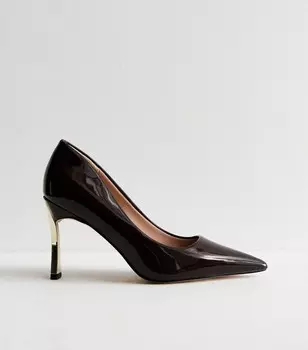 Черные лакированные туфли-лодочки на шпильке New Look, темно-коричневый