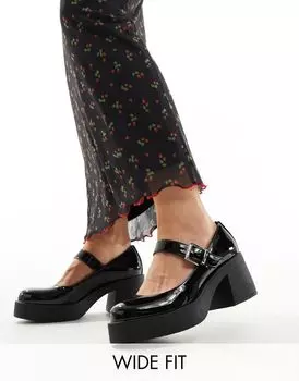 Черные лакированные туфли на массивном каблуке Мэри Джейн ASOS DESIGN Wide Fit Sebastian