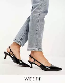 Черные лакированные туфли на среднем каблуке с открытой пяткой ASOS Wide Fit Strut