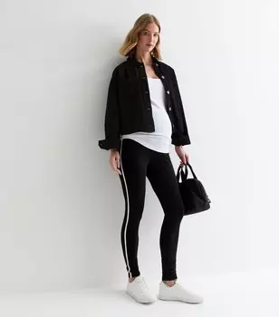 Черные леггинсы с высокой талией в полоску по бокам для беременных New Look, черный