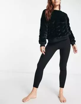Черные леггинсы в рубчик с начесом и искусственным мехом ASOS DESIGN lounge Yeti