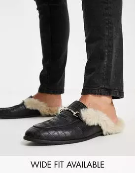 Черные лоферы без спинки из искусственной кожи с искусственным мехом ASOS DESIGN