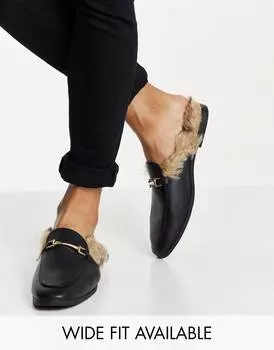 Черные лоферы без спинки из искусственной кожи с искусственным мехом ASOS DESIGN