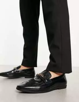 Черные лоферы из искусственной кожи крокодила ASOS DESIGN с золотым трензелем