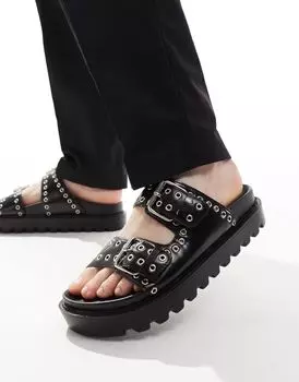 Черные массивные сандалии из искусственной кожи с пряжками ASOS DESIGN и серебристыми люверсами по всей поверхности