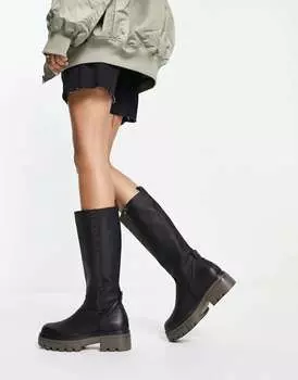 Черные массивные сапоги до колена Replay на подошве цвета хаки