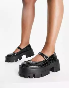 Черные массивные туфли на плоской подошве mary jane с широкой посадкой ASOS DESIGN ASOS DESIGN