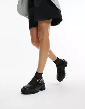 Черные массивные туфли на плоской подошве с пряжкой Topshop Wide Fit Amy