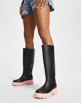 Черные массивные высокие резиновые сапоги с розовой подошвой ASOS DESIGN Gracie