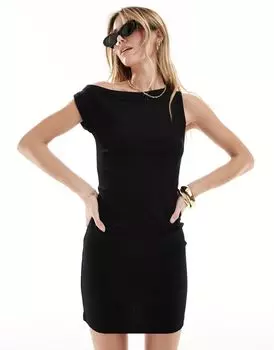 Черные мини-мини в рубчик со спущенным плечом ASOS DESIGN