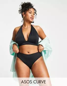 Черные плавки бикини ASOS DESIGN Curve с глубоким вырезом в стиле хипстер