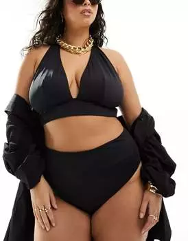 Черные плавки бикини с высокой талией и широким подолом ASOS DESIGN Curve Maya