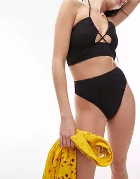 Черные плавки бикини в рубчик с завышенной талией и высокими штанинами Topshop