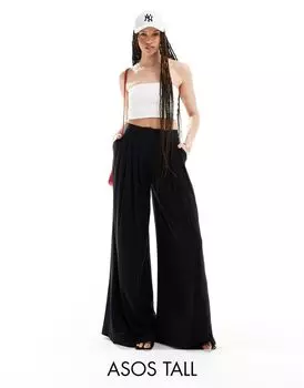 Черные плиссированные широкие брюки-палаццо из смесового льна ASOS Tall