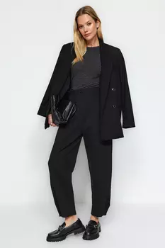 Черные плиссированные трикотажные брюки интерлок широкого/свободного кроя с высокой талией и кроем-морковкой Trendyol, черный