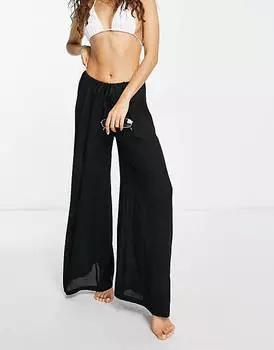 Черные пляжные брюки-палаццо с кулиской ASOS DESIGN Petite