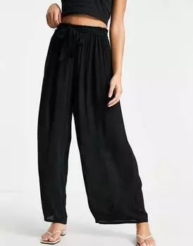 Черные пляжные брюки палаццо с завязками на талии ASOS DESIGN