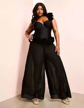 Черные пляжные прозрачные широкие брюки с тюлевым корсажем на талии ASOS LUXE Curve