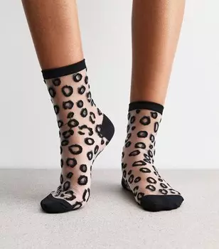 Черные полупрозрачные сетчатые носки с леопардовым принтом New Look, черный