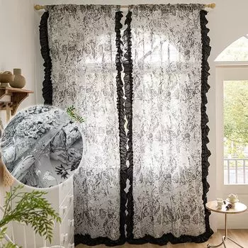 Черные прозрачные шторы, край с рюшами, оконные шторы с цветочным принтом, полупрозрачные шторы для гостиной, 2 шт., 132 х 241 см Koheim