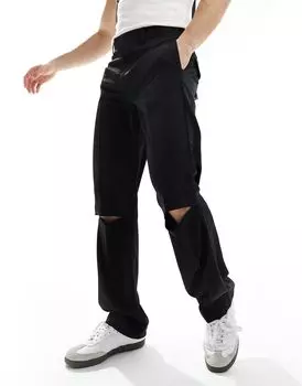 Черные прямые атласные брюки с разрезами на коленях ASOS DESIGN