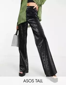 Черные прямые брюки из искусственной кожи с переливающимся крокодилом ASOS Tall