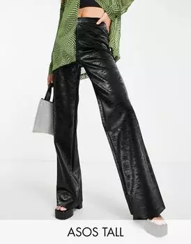 Черные прямые брюки из переливающейся искусственной кожи под крокодила ASOS DESIGN Tall