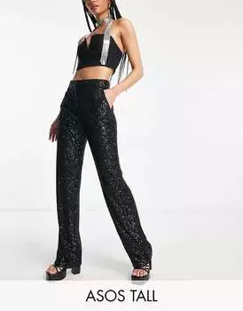 Черные прямые брюки с пайетками ASOS Tall