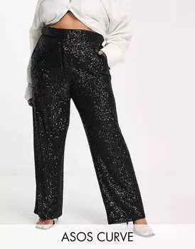 Черные прямые брюки с пайетками на щиколотке ASOS Curve