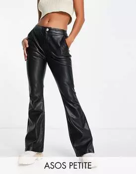 Черные расклешенные брюки из искусственной кожи с завышенной талией ASOS DESIGN Petite