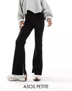 Черные расклешенные брюки в рубчик с разрезом по низу ASOS DESIGN Petite