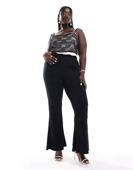 Черные расклешенные брюки в рубчик с салатовым краем ASOS DESIGN Curve