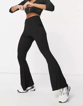 Черные расклешенные брюки в рубчик с салатовым краем ASOS DESIGN