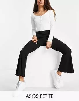 Черные расклешенные брюки в рубчик с салатовым краем ASOS DESIGN Petite