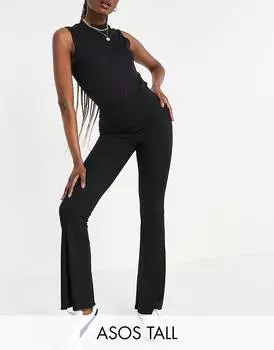 Черные расклешенные брюки в рубчик с салатовым краем ASOS DESIGN Tall