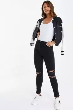 Черные рваные эластичные узкие джинсы из денима QUIZ Clothing