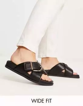 Черные сандалии на плоской подошве ASOS Wide Fit Flash с ремешками крест-накрест и пряжками