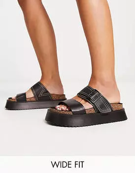 Черные сандалии на плоской подошве с двумя ремешками ASOS DESIGN Wide Fit Fearless