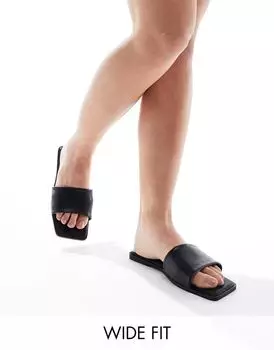 Черные сандалии на плоской подошве с квадратным носком и широкой посадкой ASOS Wide Fit Fig