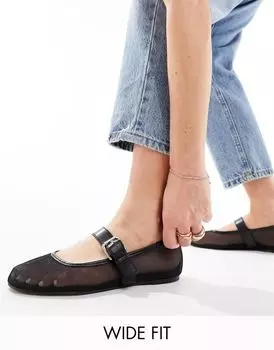 Черные сетчатые балетки Mary Jane широкого кроя ASOS Wide Fit Lou