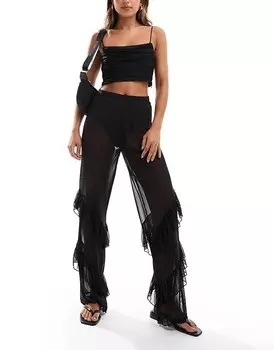 Черные сетчатые брюки с оборками на подоле Noisy May