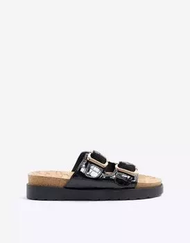 Черные широкие босоножки с двойной пряжкой River Island